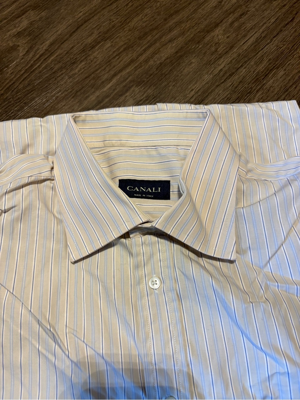 Canali Men's Beige Shirt with Light Blue Stripes